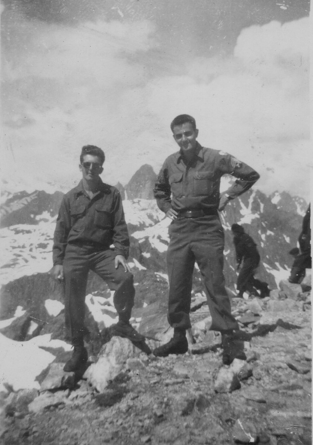 Taken at Chamoix, France on a mountain. Snow in the background and two French-Alpine soldiers in the right of the picture. June 22, 1945