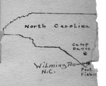 Map of North Carolina pointing out Camp's that he was stationed at. Drawn by K. Figg